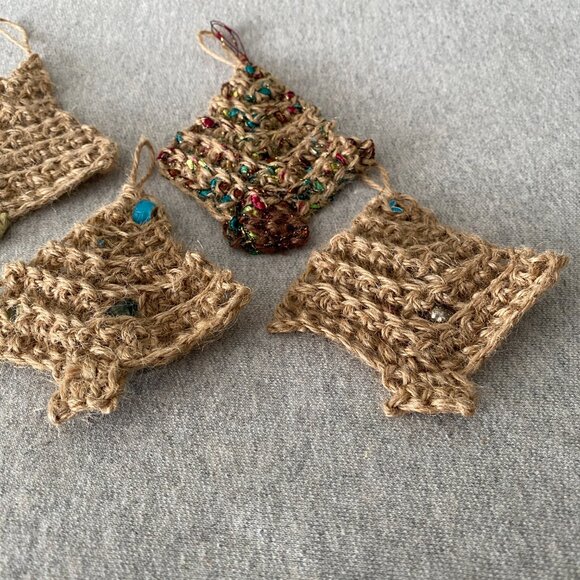 Handmade Crochet Cream Tan Jute Christmas Tree Hanging Decorations Set of 5 - Picture 8 of 9